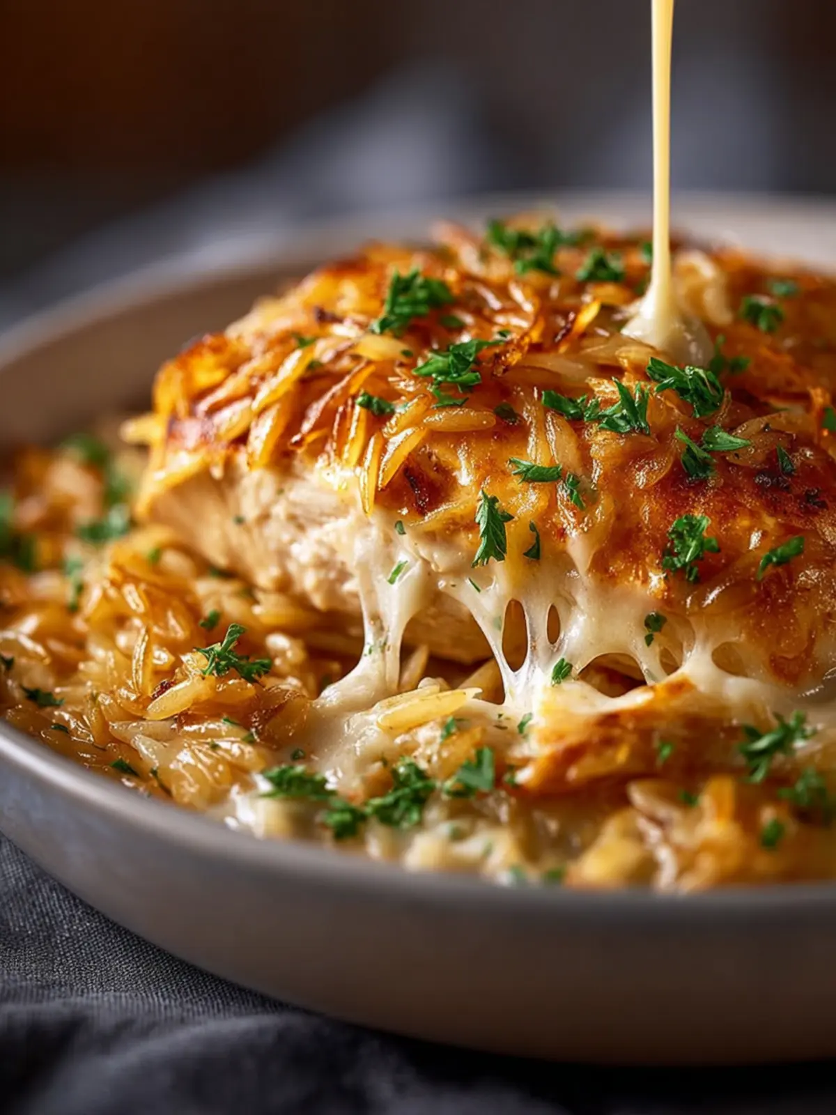 French Onion Chicken Orzo Casserole First Image